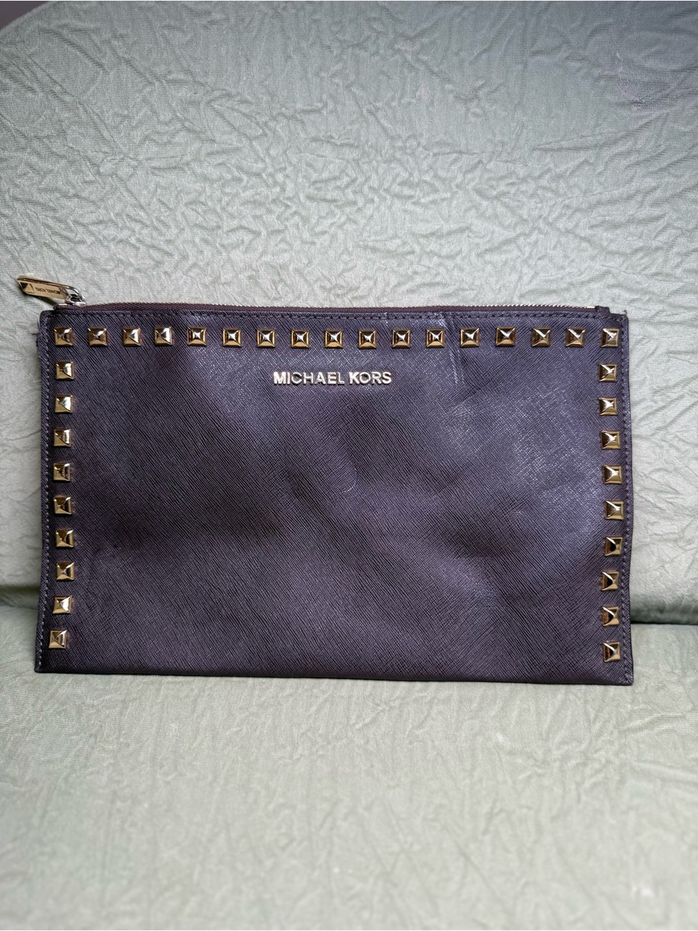 Michael Kors Black Leather Studded Zip Pouch with Gold Hardware